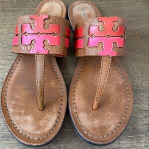Tory Burch Leigh Ambra Carnelian Azalea Leather Thong Sandals Size 7